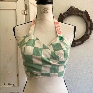 Green and White Checkered Halter Top with Button Detail